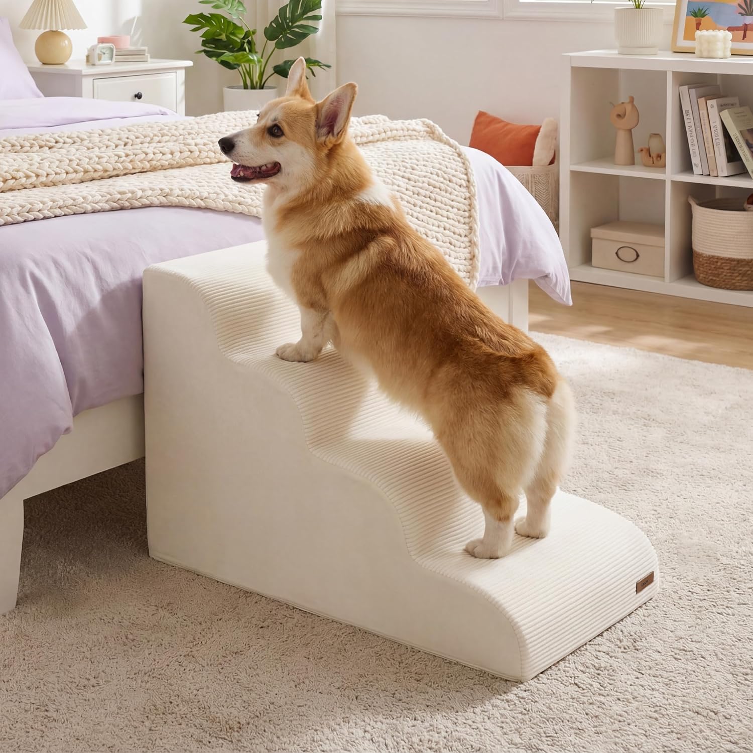 Bedsure pet stairs in a living room setting with a small dog using them