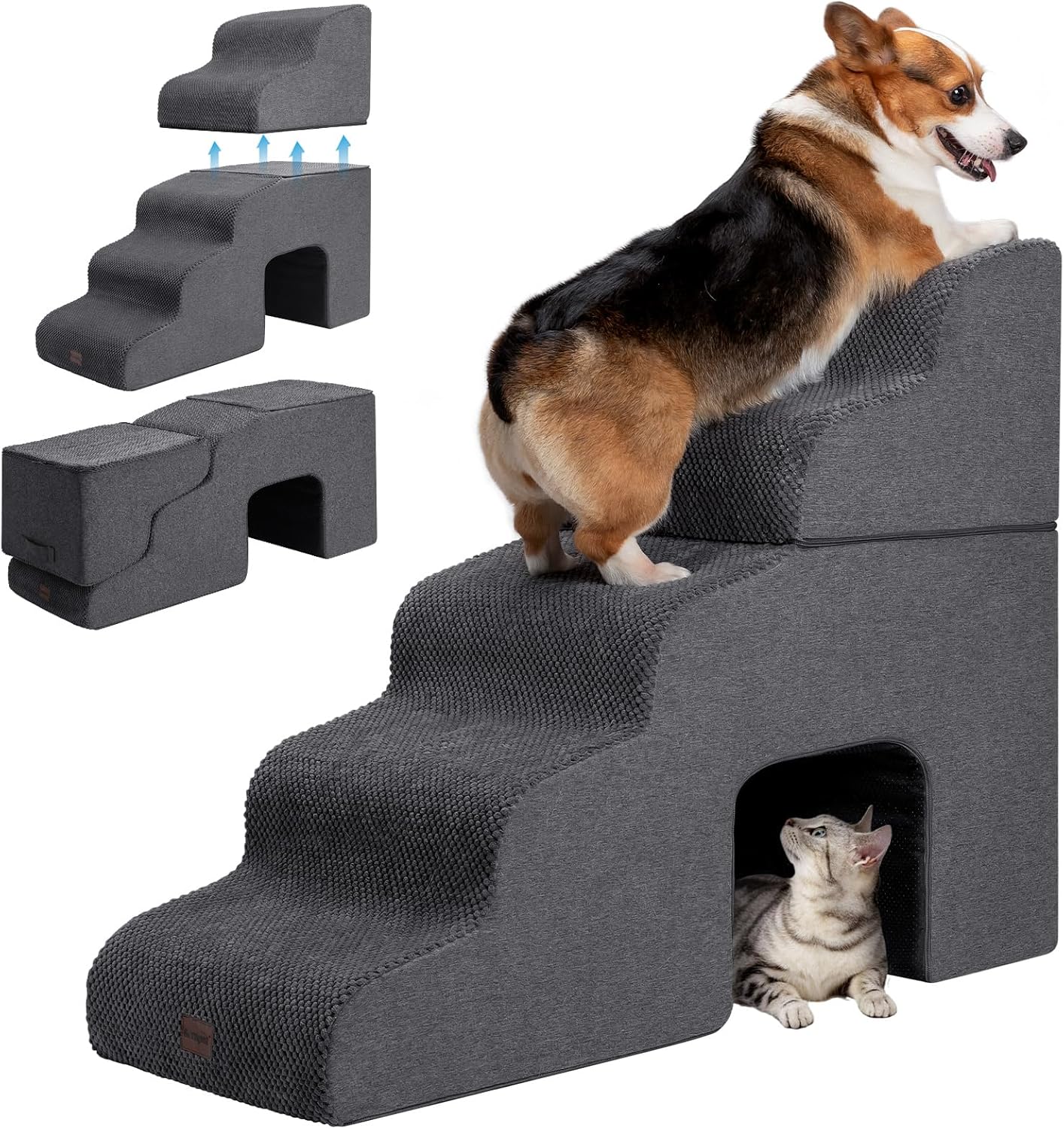 Garnpet dog stairs in light grey color placed next to a sofa