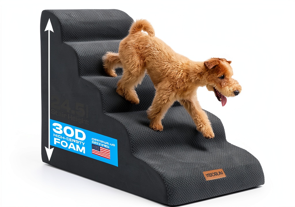 Miorun pet stairs positioned next to a high bed showing easy access for dogs