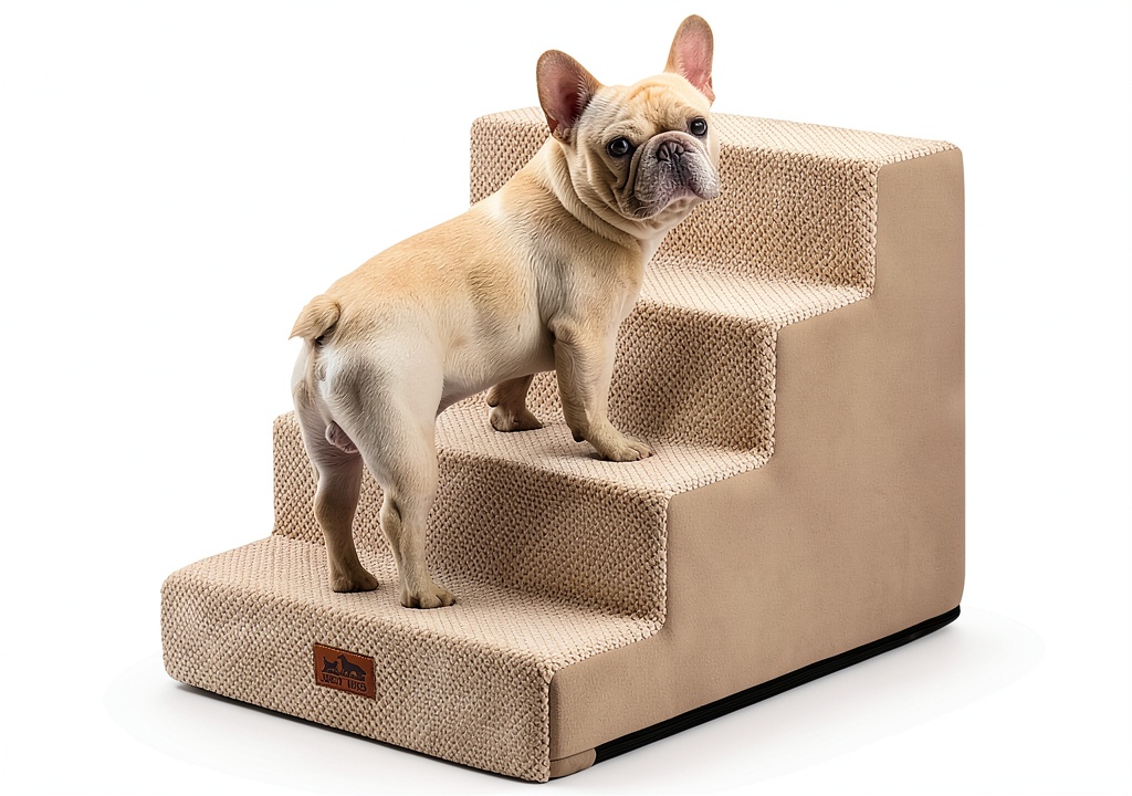 COZY KISS widened pet stairs in use by a small dog on a bed
