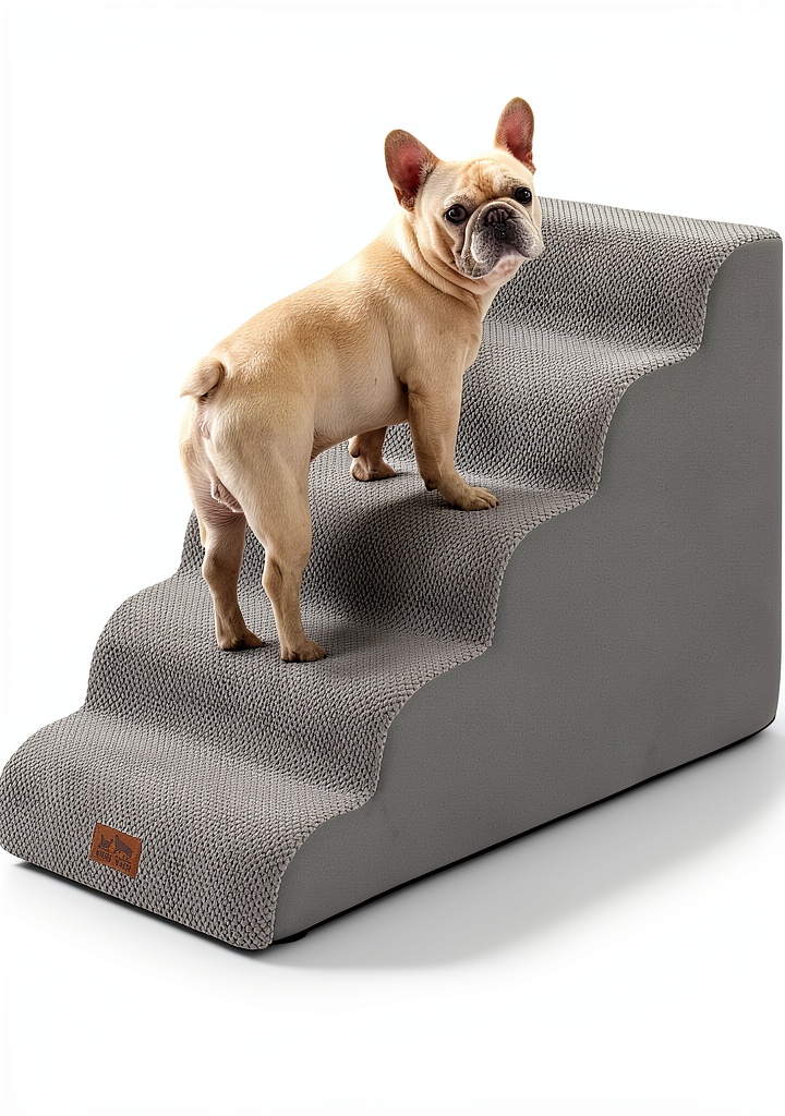 COZY KISS dog stairs placed next to a bed for easy pet access