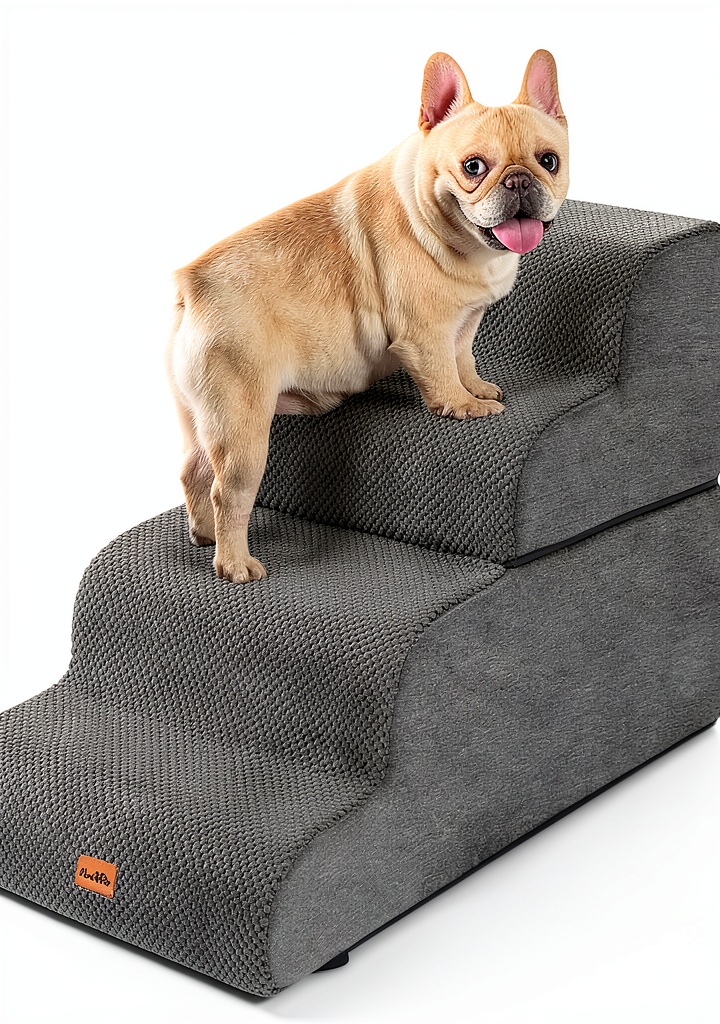 Made4Pets foam dog stairs placed next to a couch for easy pet access