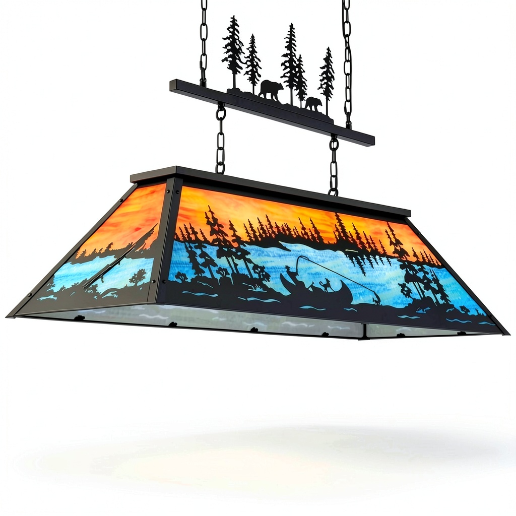 Tochic billiard light illuminating a pool table with vintage fishing design