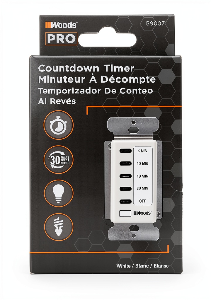 Woods White Wall Timer Switch on a wooden wall